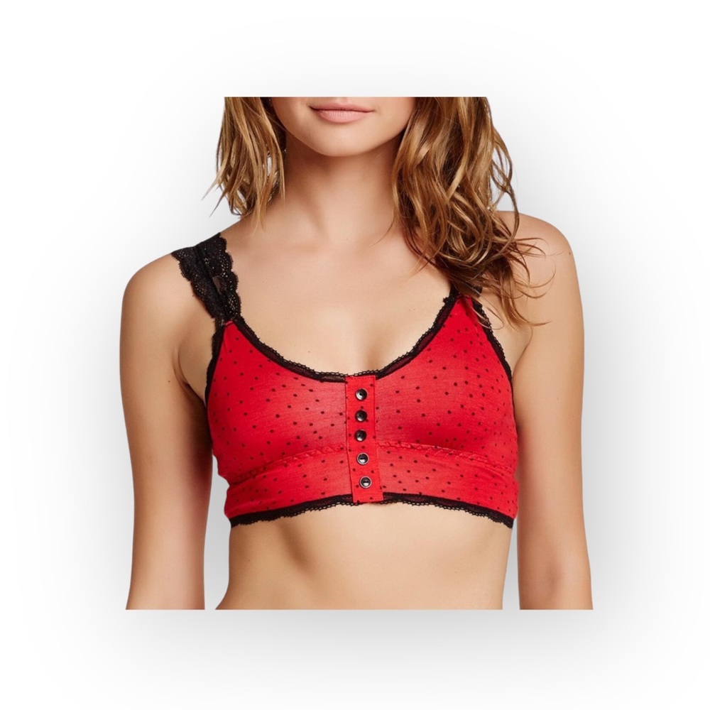 new Honeydew 𒊹 Polka Dot Print Bralette 𒊹 Lace Trim 𒊹 Lollipop Red 𒊹 Medium - Picture 2 of 15